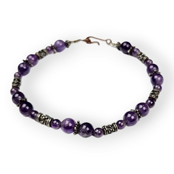 Genuine Amethyst Beaded Bracelet Antiqued Silver Tone Purple Minimalist 7.5" - Picture 1 of 5